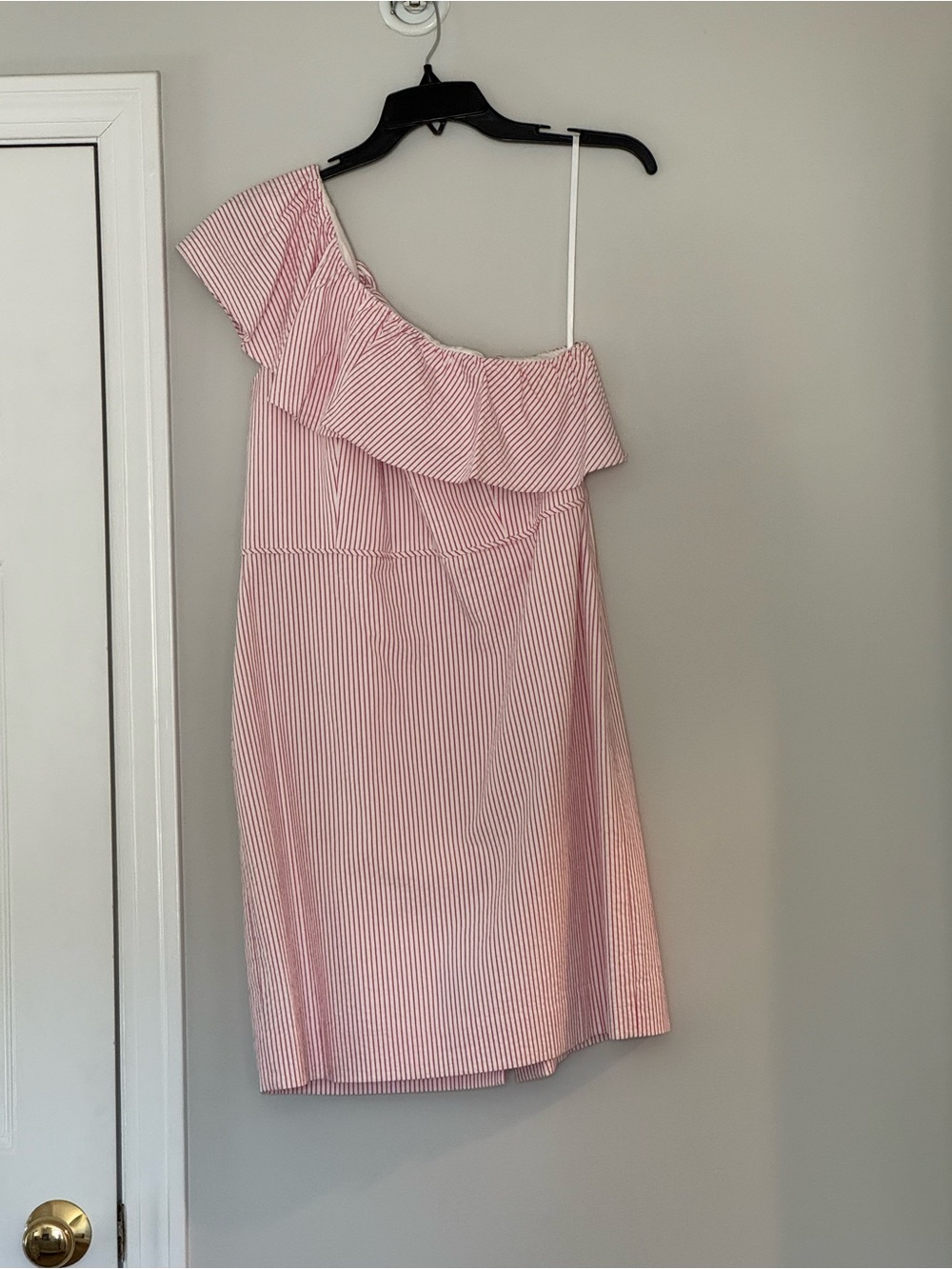 J. Crew Pink & White Striped One-Shoulder Ruffle Dress